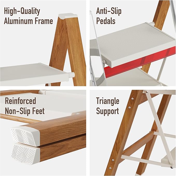4 Step Lightweight Aluminum Folding Ladder, Portable Step Stool with Anti-Slip Pedals, 330 lbs Capacity for Home, Office, Kitchen(White&Woodgrain)