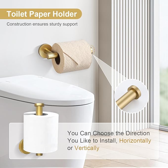 TQKAG Brushed Gold Bathroom Hardware Accessories Set 10-Pieces, Premium SUS304 Stainless Steel Bathroom Towel Bar Holder Set 23.6 Inch Round Towel Racks for Bathroom Wall Mounted