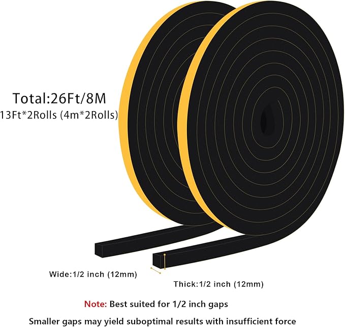 Window Insulation Weather Stripping, High Density Insulation Tape for Door, Soundproof Weatherproof Door Weather Stripping, Adhesive Foam Gasket Tape, Anti-Vibration(1/2 in x 1/2 in x 26Ft)