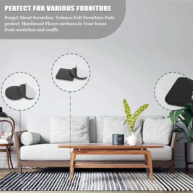 Yelanon Felt Furniture Pads -182 Pcs Premium Felt Pads for Chair Legs Furniture, Floor Protectors for Hardwood Floors,Black & Beige