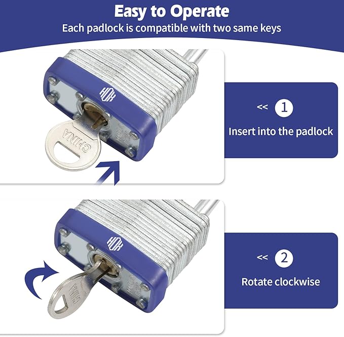 HOX Locks 12-Pack Keyed-Alike Padlocks w/ 1.2” Shackle, 1-9/16” Wide Body, Hardened Steel Case Shackle Padlock, Brass Cylinder - for Hasp Latch, Sheds, Fences, Storage Locker