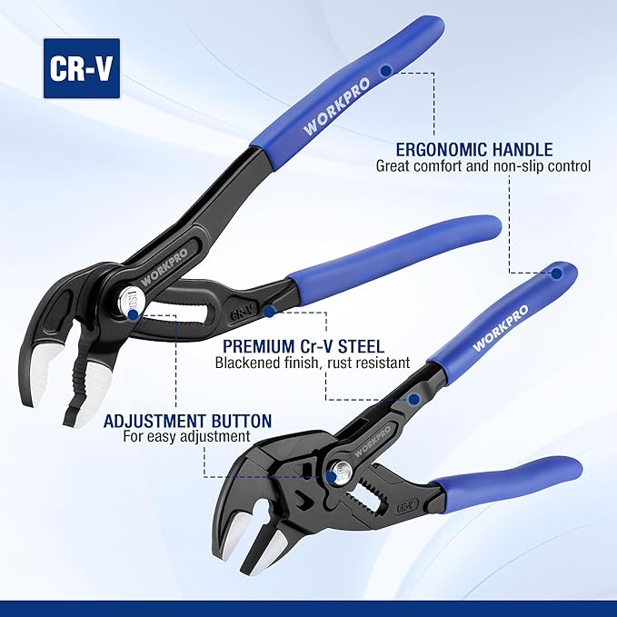 WORKPRO 2-Piece 7-Inch Pliers Wrench & 10-Inch Groove Joint Pliers Set, Quick Adjustment, CR-V Steel, Smooth Jaw & V-Jaw, Upgraded Wide Opening, Ergonomic Grip - for Plumbing, Pipe Work, DIY Projects