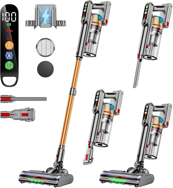 Cordless Vacuum Cleaner, 600W/50KPA/65Mins Vacuum Cleaners for Home, Super 1.8L Cup& Large LED Screen Stick Vacuum Anti-Tangle, Lightweight Cordless Vacuum with Charging Dock for Pet Hair/Carpet/Floor