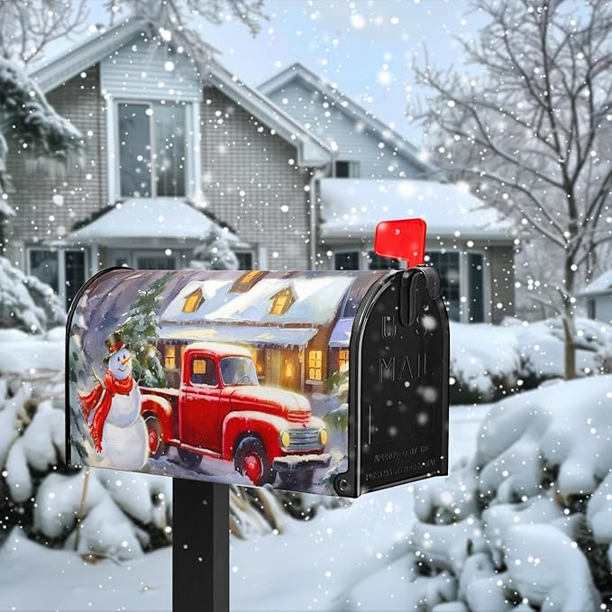 Winter Snowman Mailbox Covers Magnetic Large Size Merry Christmas Truck Mailbox Cover Pine Tree Snow Mailbox Wraps Mailbox Post Cover Oversized Graden Decor Waterproof 25.5 X21 Inch