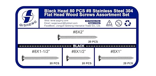 QISHENG 80 PCS Black Head #8 Stainless Steel Phillips Flat Head Wood Screws Assortment Set,Stainless Steel 18-8 A2(304) Screw,Home Screw Kit
