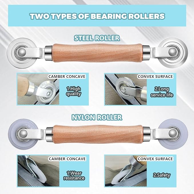 Screen Tool for Window Screen Replacement - Two Spline Roller (Steel and Nylon Bearing Roller), Spline Removal Hook, Two Sizes Screen Spline, Utility Knife, Tape Measure, Tooltriz