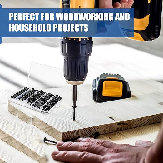 Wood Screws Assortment Kit, 168 PCS, High Hardness Phillips Drive Screws Set, Black Flat Head Wood Screws, Carbon Steel, 5 Sizes, Self-Tapping Screws for Wood, Drywall, Slate