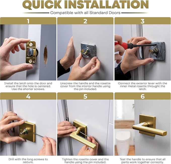 Mega Handles Prime Privacy Door Handle - 3 Pack Interior Reversible Gold Door Handle, Heavy Duty Bed & Bath Door Handles with Privacy Door Lock, Fits All Standard Doors - Satin Brass