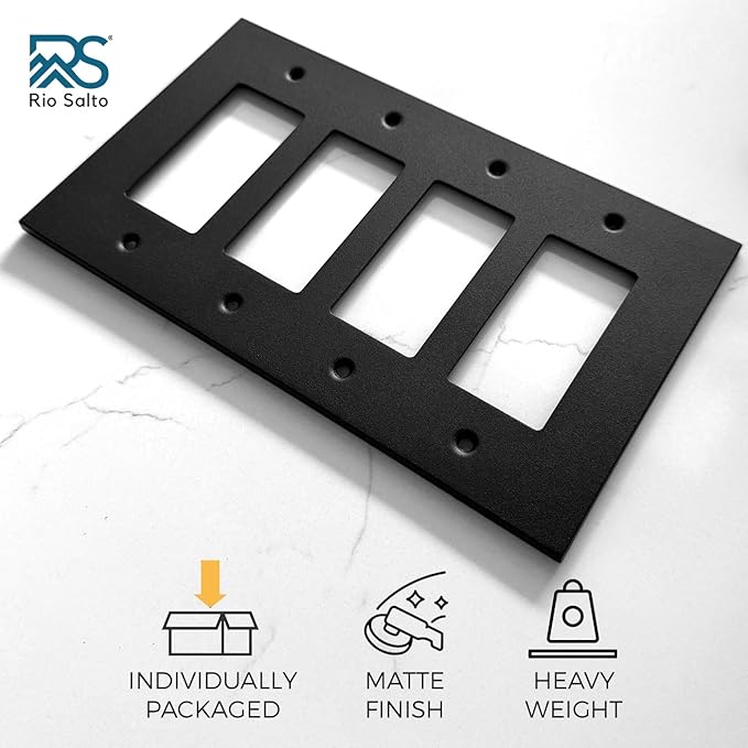 RIO SALTO Modern Metal Matte Black Quad Decorator Wall Outlet Cover Light Switch Cover Double Rocker Decora Electrical Decorator Wall Plate Electric Outlet Covers Black Receptacle - Midsize 4 Gang