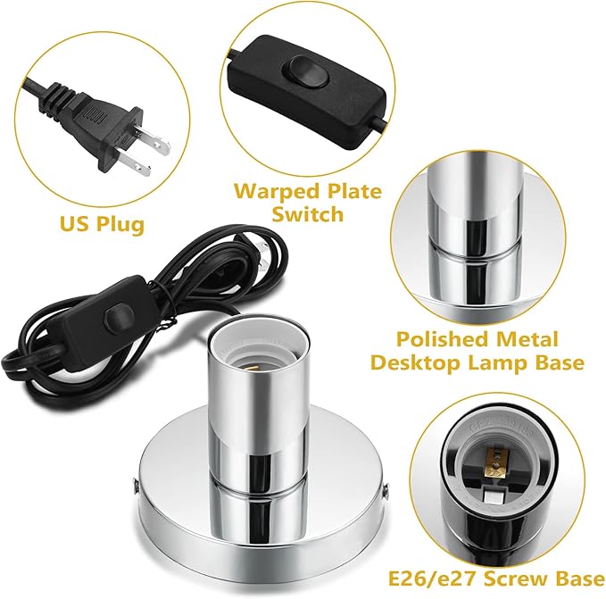 Tuanse 2 Pcs Polished Metal Desktop Lamp Base E26 E27 Screw Light Bulb Holder Sockets Night Light Base Lamp Replacement for Holding Bulb 6 Feet Cord on Off Switch Plug(Silver)