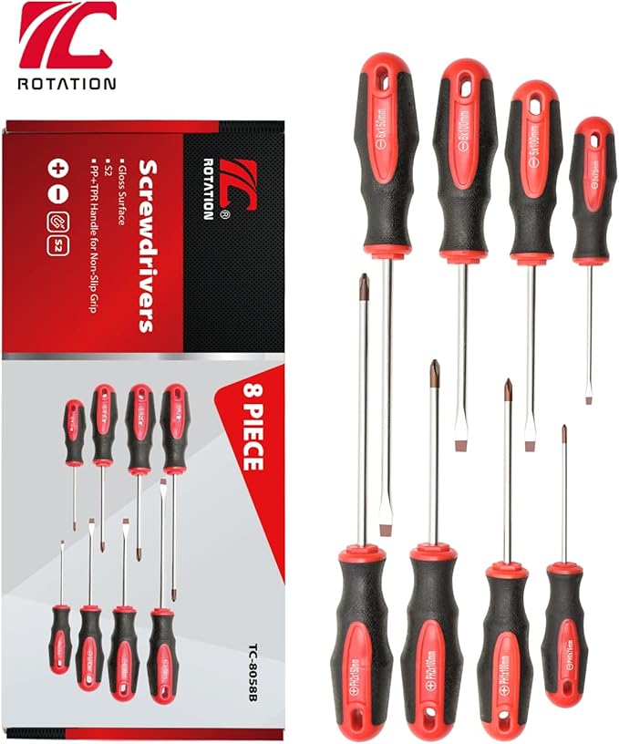ROTATION 8-Piece Magnetic Screwdrivers Set with red tip, 4 Phillips and 4 Slotted Tips, Professional Cushion Grip Screwdriver Set with High Torque