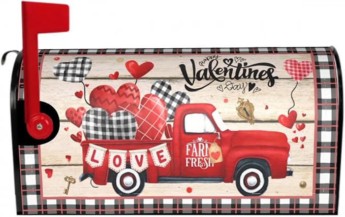 Valentines Day Mailbox Cover Magnetic Standard Size 21 x 18 Inch Love Hearts Red Truck Black White Buffalo Plaid Valentines Decoration Mailbox Cover Romantic Post Box Cover Wraps Garden Yard Decor