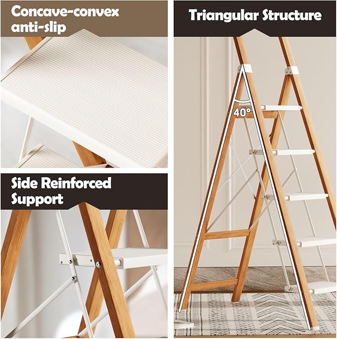 Taranta 5 Step Ladder, Portable Folding Ladder with Wide Pedal, Lightweight Aluminum Step Stool with Convenient Handgrip, 330 lbs Capacity Stepladder for Home, Office - White Woodgrain