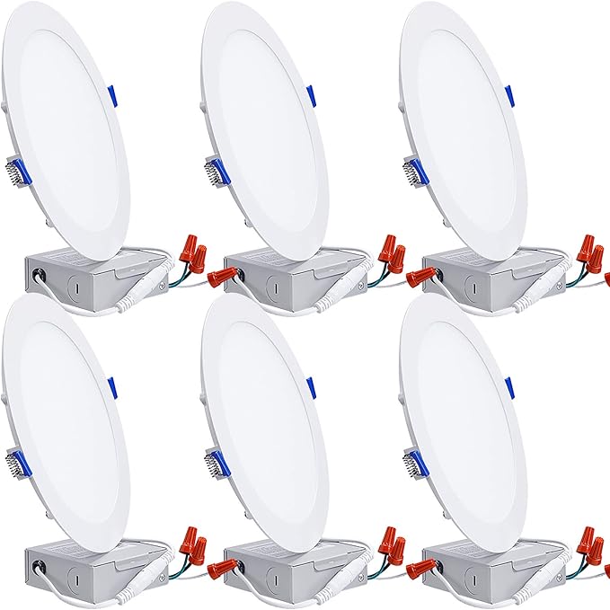 TORCHSTAR 8 Inch Ultra-Thin LED Recessed Ceiling Light with Junction Box, 3000K Warm White, 18W High Brightness Dimmable Slim Canless Wafer Downlight, ETL & ES, Pack of 6