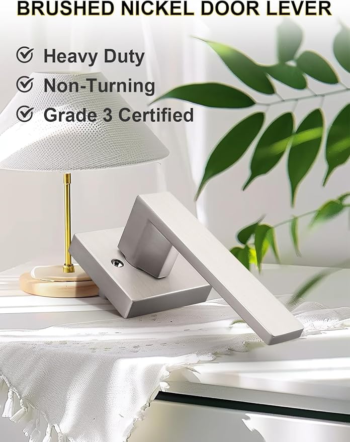 2 Pack Dummy Door Handles Brushed Nickel for Left Hand and Right Hand, Mordern Square Closet Hallway Door Knobs, Non-Turning Single Side Pull