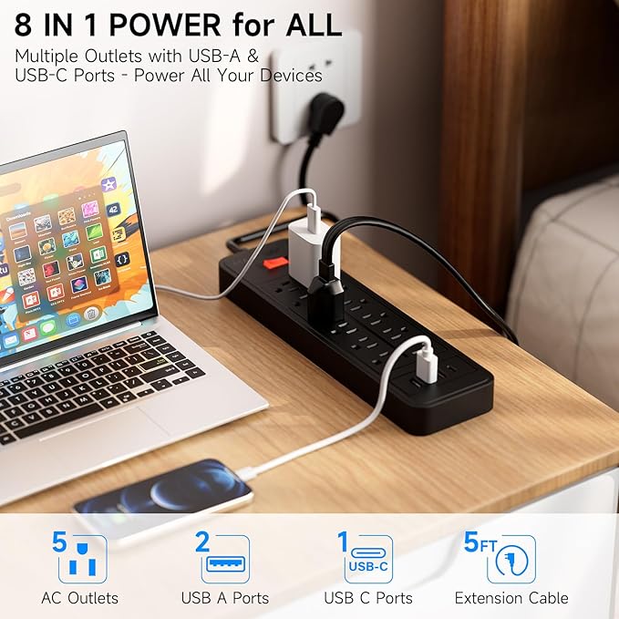 Surge Protector Power Strip, ETL Listed, 12 Widely-Spaced Outlets Expansion with 4 USB Ports (1 USB C Port), Low-Profile Flat Plug, Wall Mountable, 5ft Extension Cord, Heavy Duty, 5FT