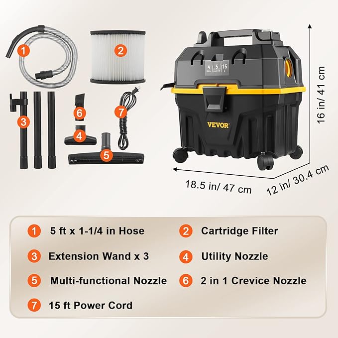 VEVOR Shop Vac Wet and Dry Vacuum Cleaner 4 Gallon 5 Peak HP - Powerful Suction with Blower Function & Attachments 3-in-1 Crevice Nozzle - Perfect for Car Carpet Debris Pet Hair Black/Yellow