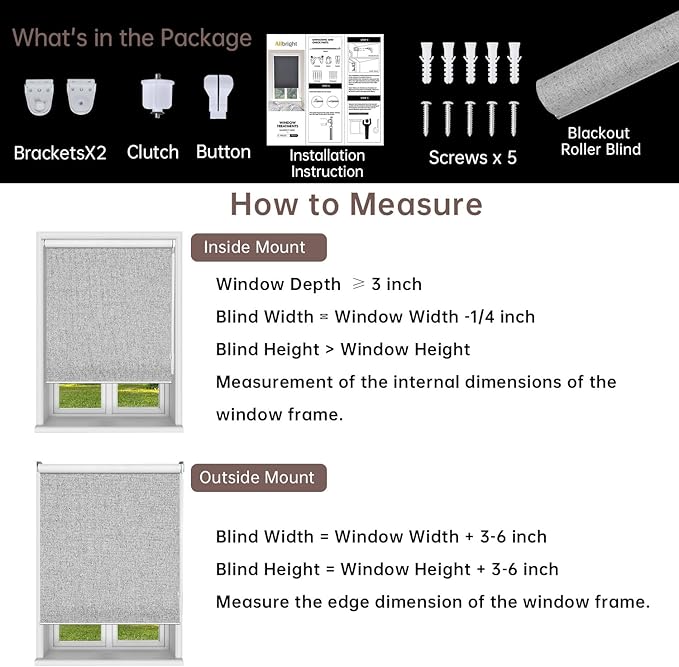 ALLBRIGHT 100% Blackout Roller Blinds Woven Shades with Striped Jacquard, Cordless Window Shades, UV Protection Fabric, Easy-Install for Indoor Home & Office, Grey, 26" W x 72" H