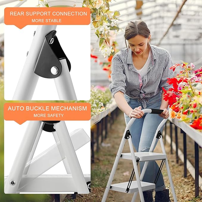 Step Stool for Adults,2 Step Ladder Folding 330lbs Anti Slip Step Stool,Foldable Ergonomic 2 Steel Stool with Wide Pedal for Home, Kitchen, Office (White)