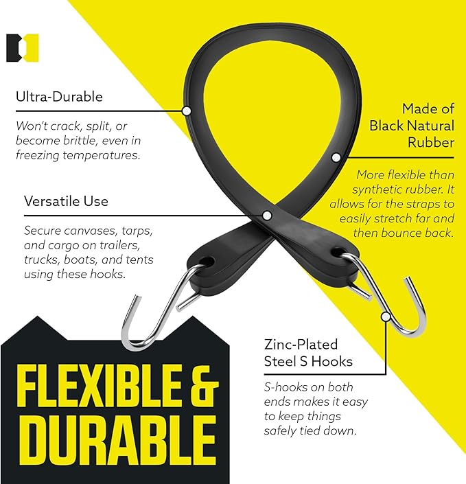 Pack of 50 Tarp Straps for Flatbed Trailers, 21" Long Natural Rubber Bungee Cord Tie-Downs Ideal for Securing Tarps, Canvases, Cargo in Cold Climates | Tie-Downs w/ Metal S-Hooks