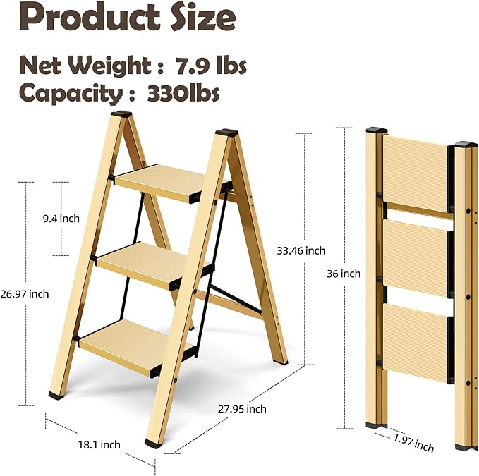 Taranta 3 Step Ladder,Aluminum Lightweight Folding 3 Step Stool with Anti-Slip Wide Pedal,330lbs Capacity Step Ladder for Household,Kitchen,Office - Gold