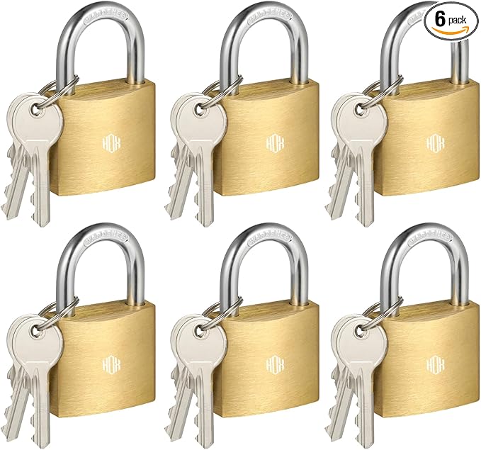 HOX 6-Pack Keyed Padlock, Waterproof and Rustproof, Solid Brass Lock with 1-1/4" Wide Body, Padlock with Keys for Storage Unit, Sheds, Garages and Fence