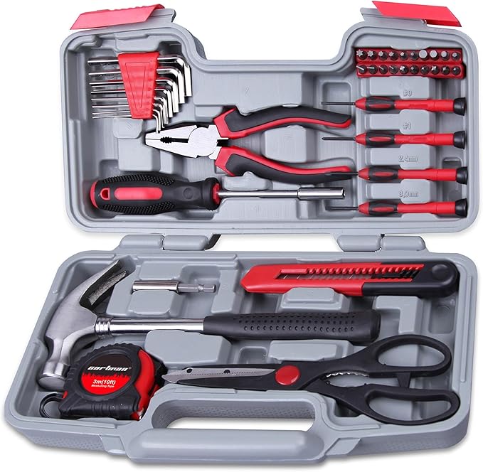 CARTMAN 39-Piece Home Tool Set Kit, Essential Household Hand Tools with Plastic Storage Case, Red