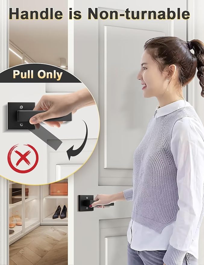 Dummy Door Handle for Left Hand and Right Hand, Square Black Door Konb for Closet, Non-Turning Single Side Pull, 1 Pack