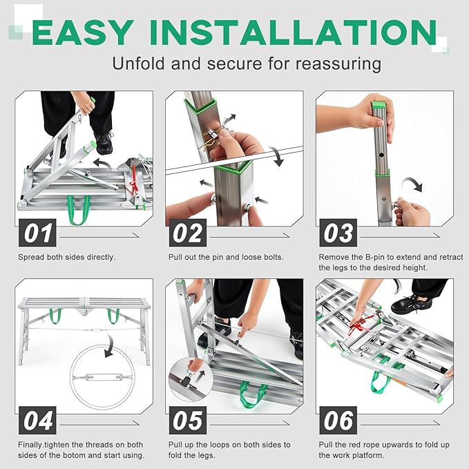 Zonon 63" L x 11.8" W x 32" to 51" H Folding Work Platform Portable Scaffolding Step Stool 4 Height Adjustment 800 Lbs Load Capacity Non Slip Work Platform Ladder for Home Drywall Cleaning Painting