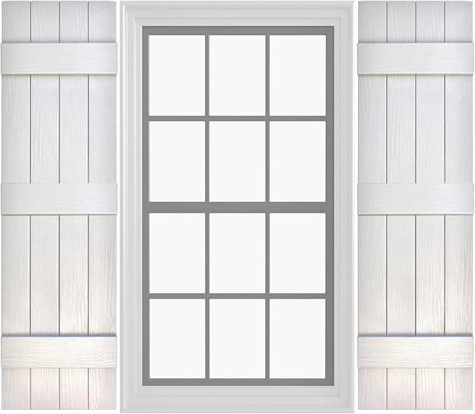 Board & Batten Vinyl Shutters (1 Pair) | 14.5"x63" (4-Board) - Dover White/Paintable | Exterior Window Shutters | Includes Mounting Hardware | Simple Installation | Made in USA