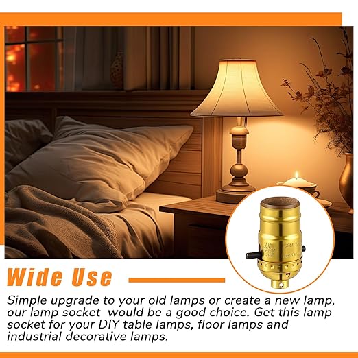 2 Pack UL Listed Lamp Socket with Push On/Off, E26 Threaded Base, Medium Screw Push Socket, Lamp Parts for Floor and Table Lamps, DIY Project (Gold)