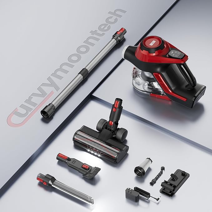 Cordless Vacuum Cleaner, 30Kpa Home Stick Vacuum, Smart Display & 1.5L Dust Cup, 55mins Max Runtime, Rechargeable Lightweight Handheld Vavuum for Pet Hair/Carpet/Hardwood Floor/Car (Red)