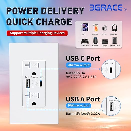 USB Wall Outlet, Charger Outlets Receptacles with 4.2A USB C Ports, 20 Amp Duplex Tamper Resistant Receptacle Plug with Electrical Outlet, Wall Plate Included, ETL Listed,White, 10 Pack