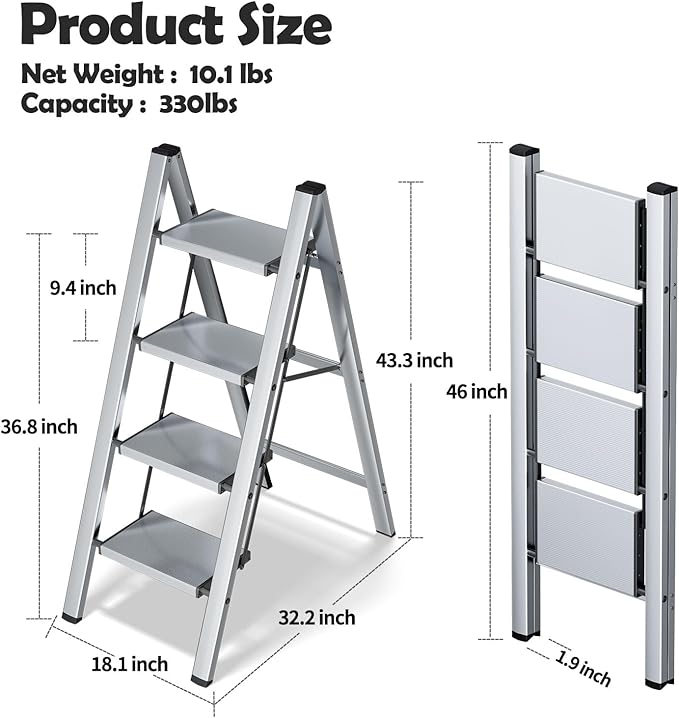 Taranta 4 Step Ladder,Aluminum Lightweight Folding 4 Step Stool with Anti-Slip Wide Pedal,330lbs Capacity Step Ladder for Household,Kitchen,Office - Silver
