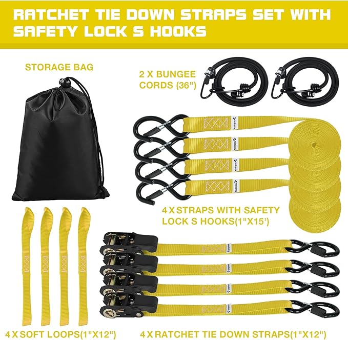 Ratchet Tie Down Straps 4 Pack -15 FT - 2200 LB Heavy Duty Srap for Trucks Cargo Ropes Tie Down Ratchet Rope Set Truck Bed with Safety Lock S Hooks Moving Hold Down-Yellow