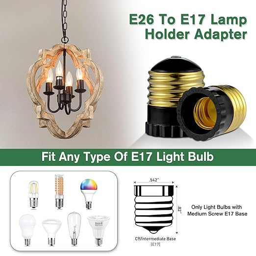 E26 to E17 Light Socket Adapter, Medium Screw E26 to Intermediate E17 Bulb Socket Adapter Converter, UL Listed (Black, 8)