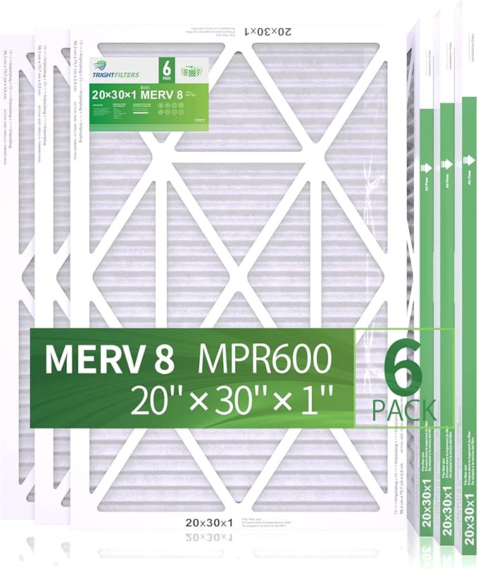 20x30x1 Air Filter 6 Pack, Durable MERV 8 Pleated Home HVAC AC Furnace Filters, Lightweight Compact Air Conditioner Filter Replacement