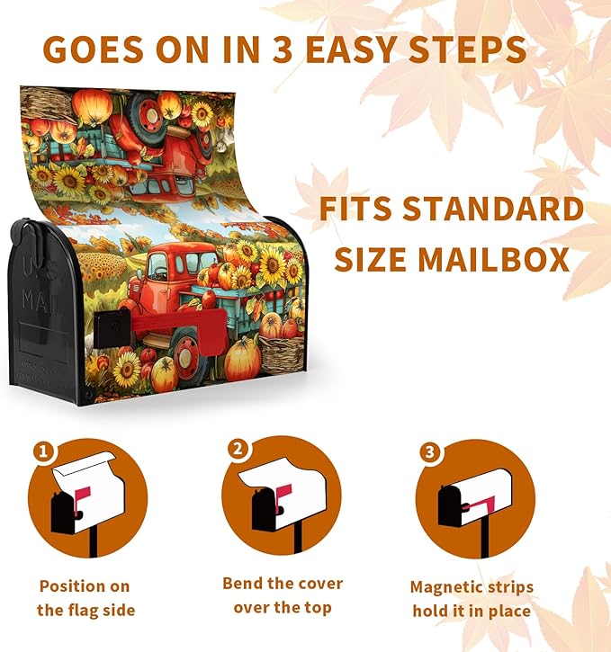 Fall Pumpkins Sunflower Mailbox Covers Magnetic Standard Size 21 X 18 Inch Autumn Red Truck Harvest Mailbox Wraps Cover Thanksgiving Letterbox Cover for Garden Yard Outdoor Decor