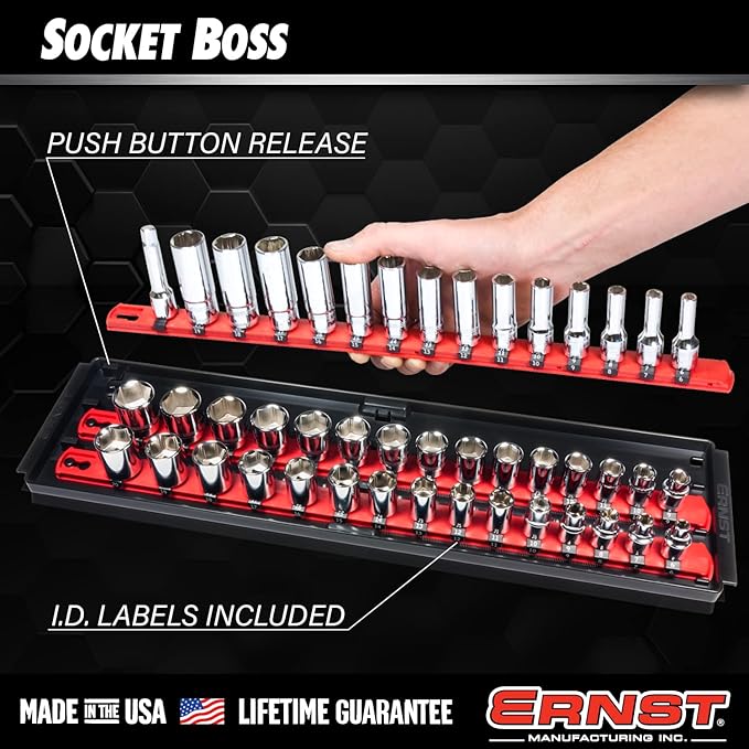 Ernst Manufacturing Socket Boss 2-Rail 1/4-Inch-Drive Socket Organizer, 13-Inch, for Toolbox drawer - Blue (8495) - Made in the USA