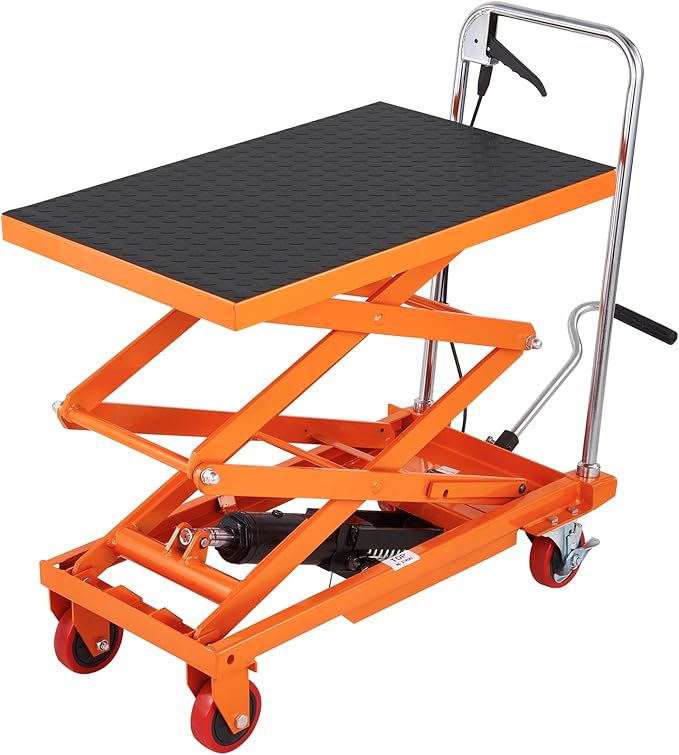 VEVOR Hydraulic Lift Table Cart, 330lbs Load Capacity 50 Inch Lifting Height, Manual Single Scissor Lift Table with Non-Slip Pad and 4 Wheels, Hydraulic Scissor Cart for Material Handling, Orange