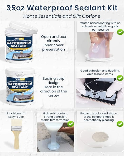 Transparent Waterproof Coating, TUFINEIN 35oz Invisible Waterproof Agent Indoor & Outdoor Sealant Water-Based Clear Sealant Roofs, Walls, Garden, Terraces