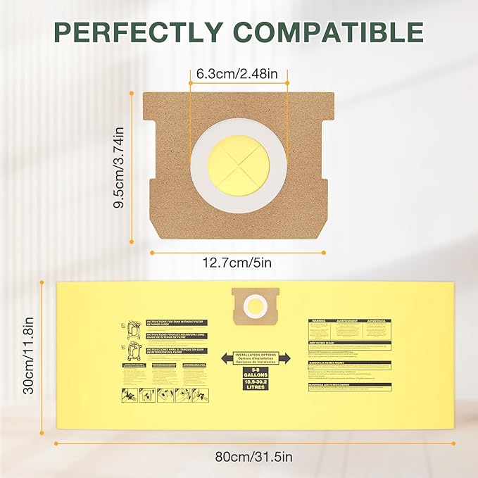 15PCS 5-8 Gallon Wet Dry Vacuum Filter Bags Replacement For Shop Vac Bags, Replace Part Type H #90671 9067100 9067133, Type E #90661 9066100 9066133, VF2004, VHBS VDBS(Yellow)