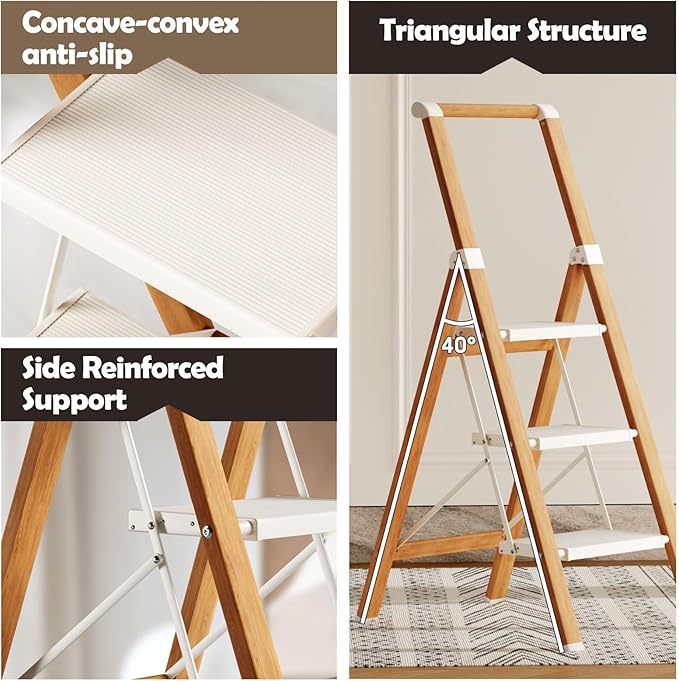 Taranta 3 Step Ladder, Portable Folding Ladder with Wide Pedal, Lightweight Aluminum Step Stool with Convenient Handgrip, 330 lbs Capacity Stepladder for Home, Office - White Woodgrain