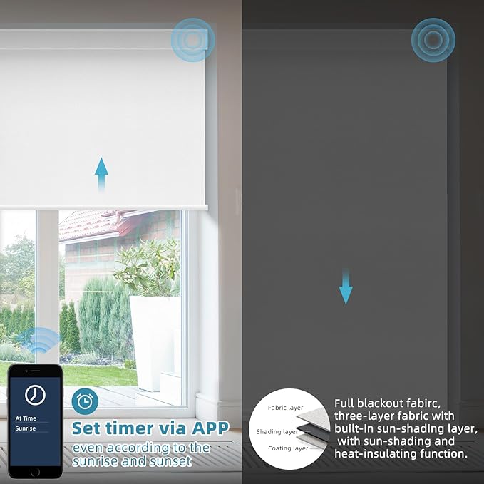 SmartWings Motorized Smart Blinds with Remote, Automatic Blackout Roller Shade Work with Alexa Homekit Thread Google Z-Wave, Electric Blind for Window, Custom Width Up to 110" W,Vinyl Pure White