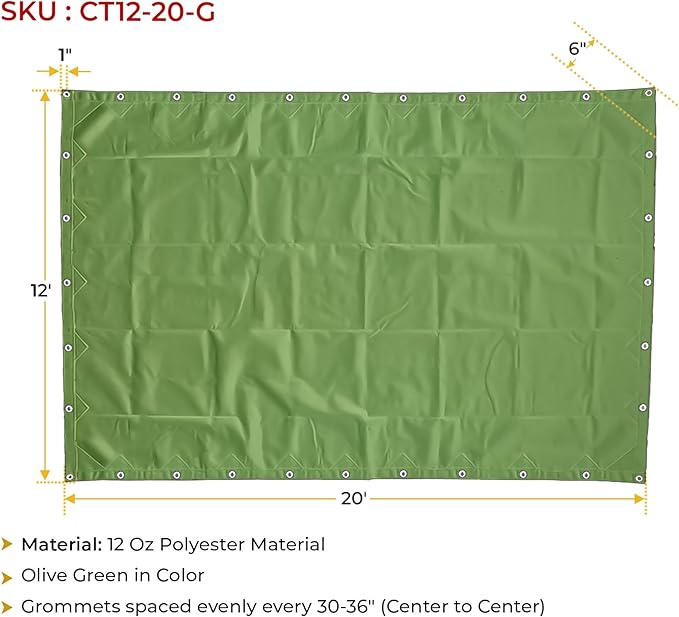 Mytee Products 12' x 20' Green Canvas Tarp 12oz Heavy Duty Water Resistant