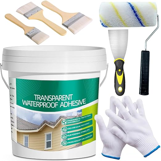 2.5Kg/101Fl.oz Transparent Waterproof Coating Invisible Waterproof Agent Set with Indoor&Outdoor Insulating Sealant with Wooden Brush Putty Knife Cut Resistant Work Gloves Paint Roller(3L/0.79Gal)