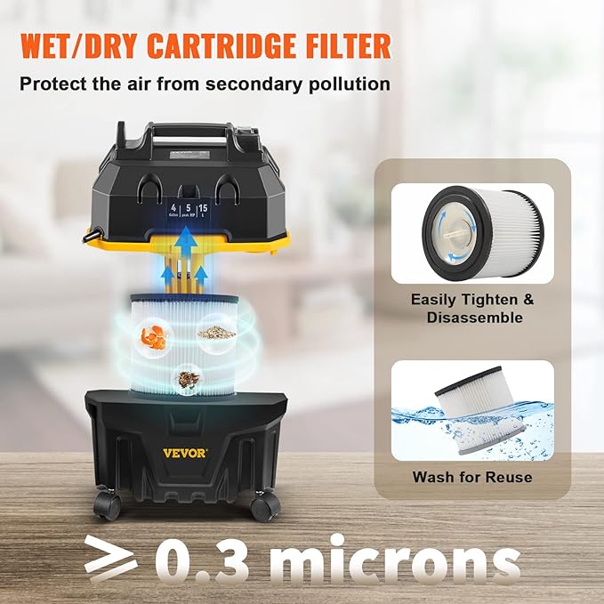 VEVOR Shop Vac Wet and Dry Vacuum Cleaner 4 Gallon 5 Peak HP - Powerful Suction with Blower Function & Attachments 3-in-1 Crevice Nozzle - Perfect for Car Carpet Debris Pet Hair Black/Yellow