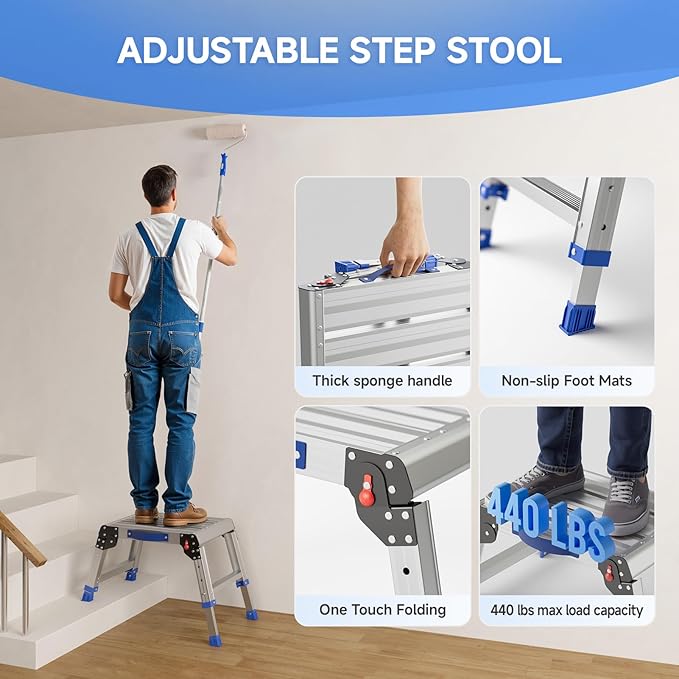 Folding Step Stool for Adults, Aluminum Work Platform Adjustable Height, Lightweight and Durable Portable Outdoor Aluminum Step Stool Foldable, Maximum Load Capacity of 440 Pounds.