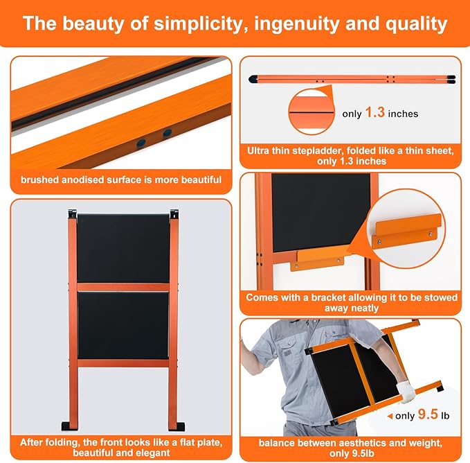 2 Step Ladder,Aluminum Ultra Thin Folding Step Stool,400 Lbs Capacity Heavy Duty with Anti-Slip Sturdy and Wide Tread,Closet Slim Step for Home,Kitchen and Office,Space Saving (Orange, 2-Step)