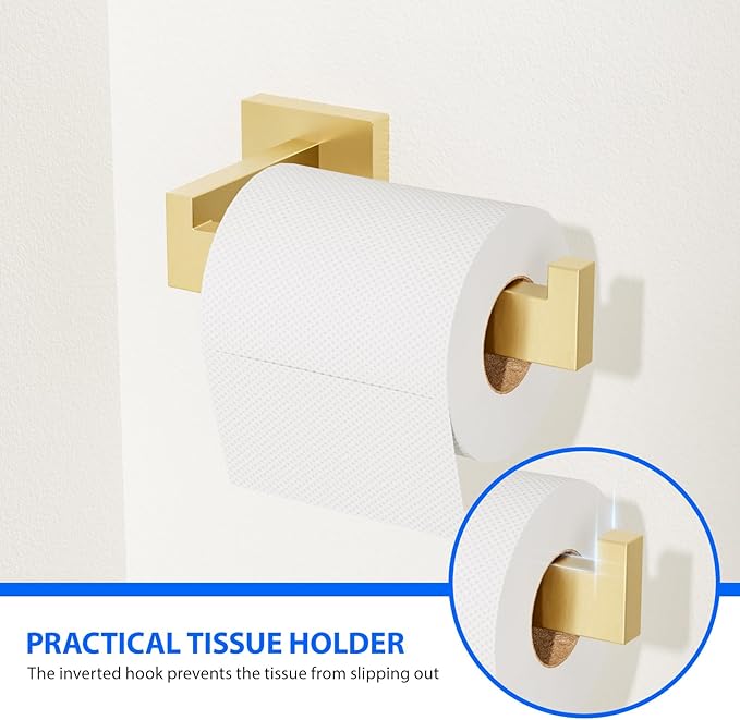 Brushed Gold 5-Pieces Bathroom Hardware Set, SUS304 Rustproof Steel 16" Rectangle Bathroom Towel Racks Accessories Set, Luxury Hotel Grade Organization Hardware Kit